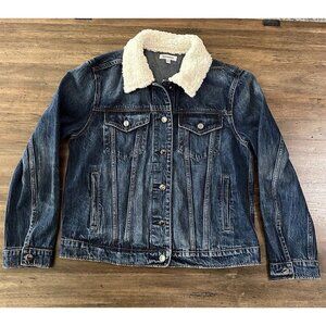 Good American Womens Trucker Blue Jacket Boyfriend Denim Sherpa Collar Size 0/1